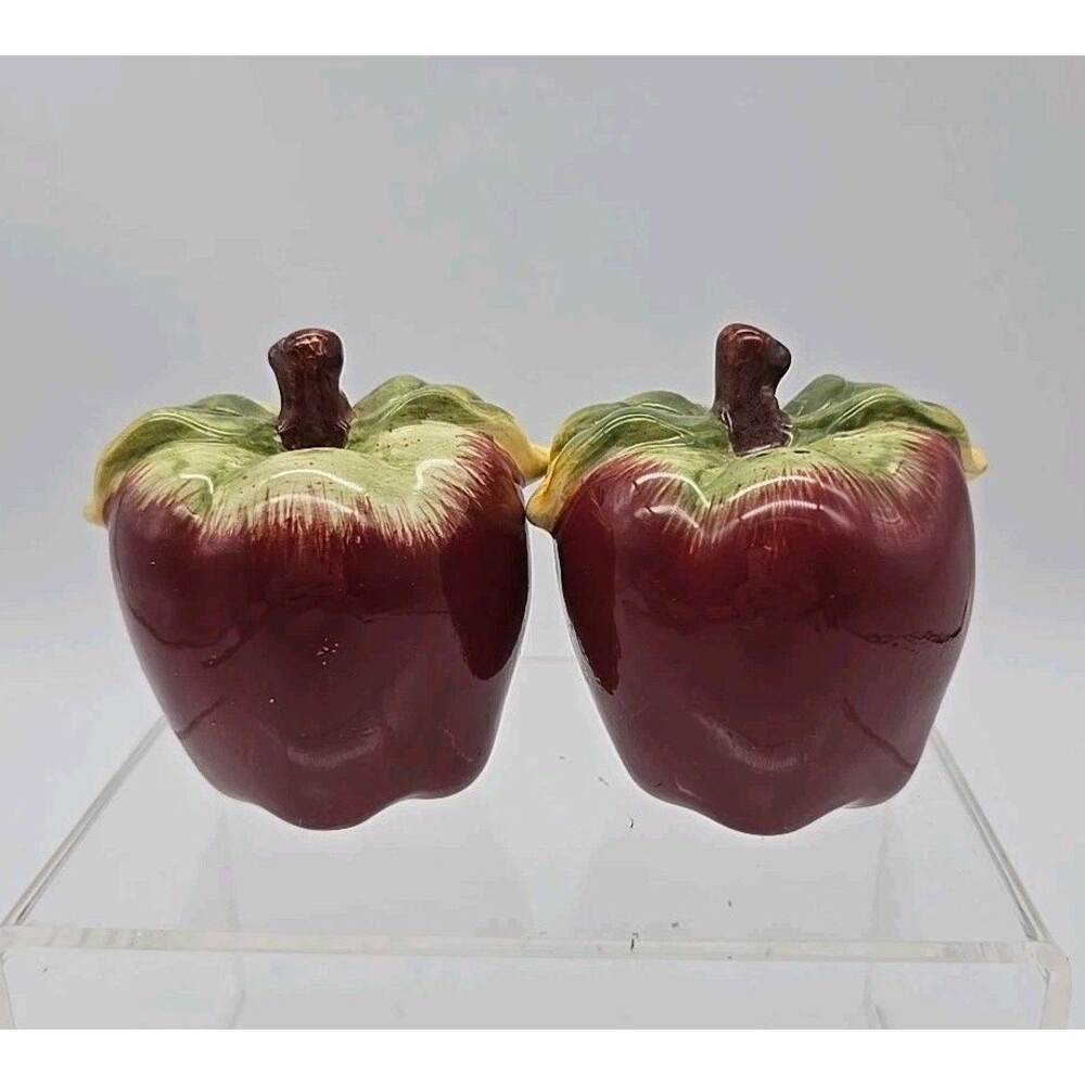 Vintage Red Apple Salt & Pepper Shakers with Leaves Ceramic